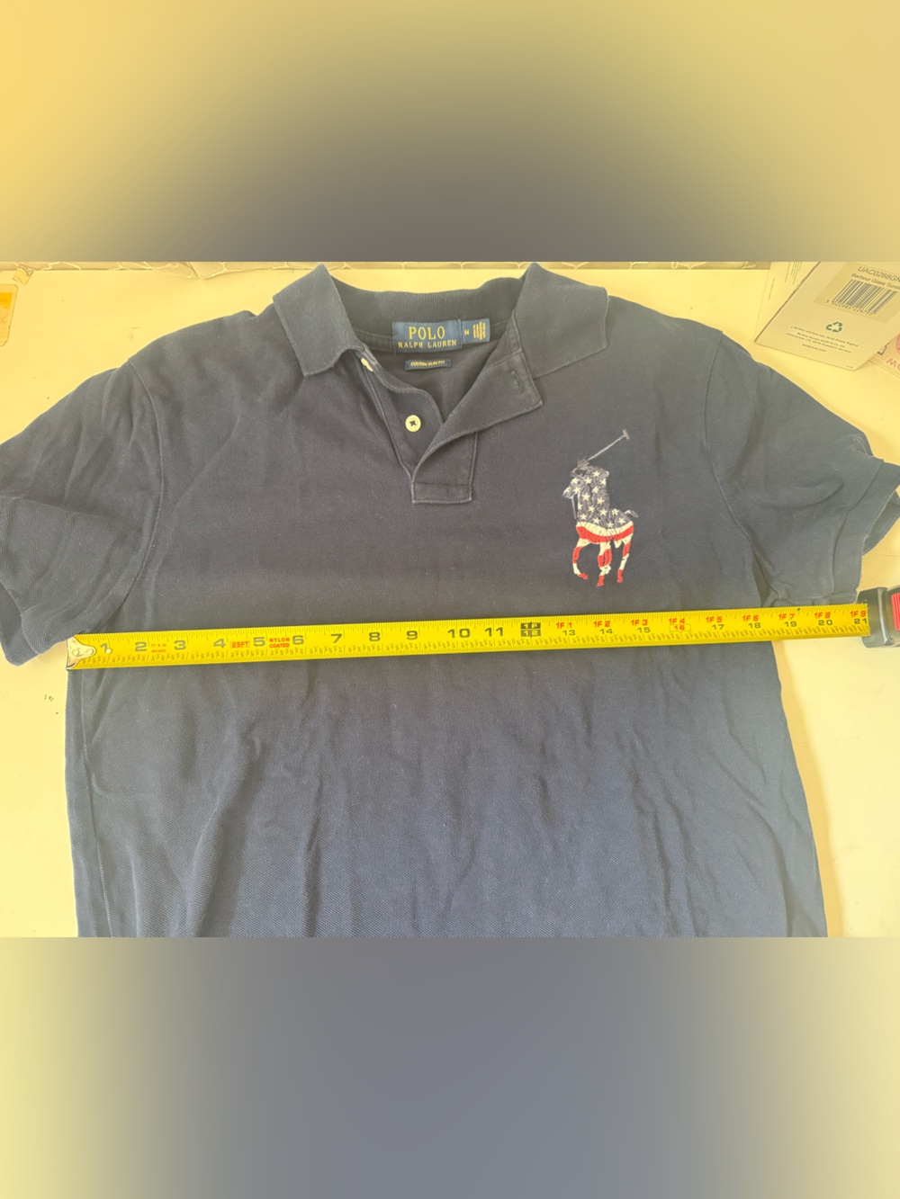 Polo Ralph Lauren Polo Shirt Mens Medium Blue Custom Slim Fit USA Flag Big Pony - Picture 4 of 8